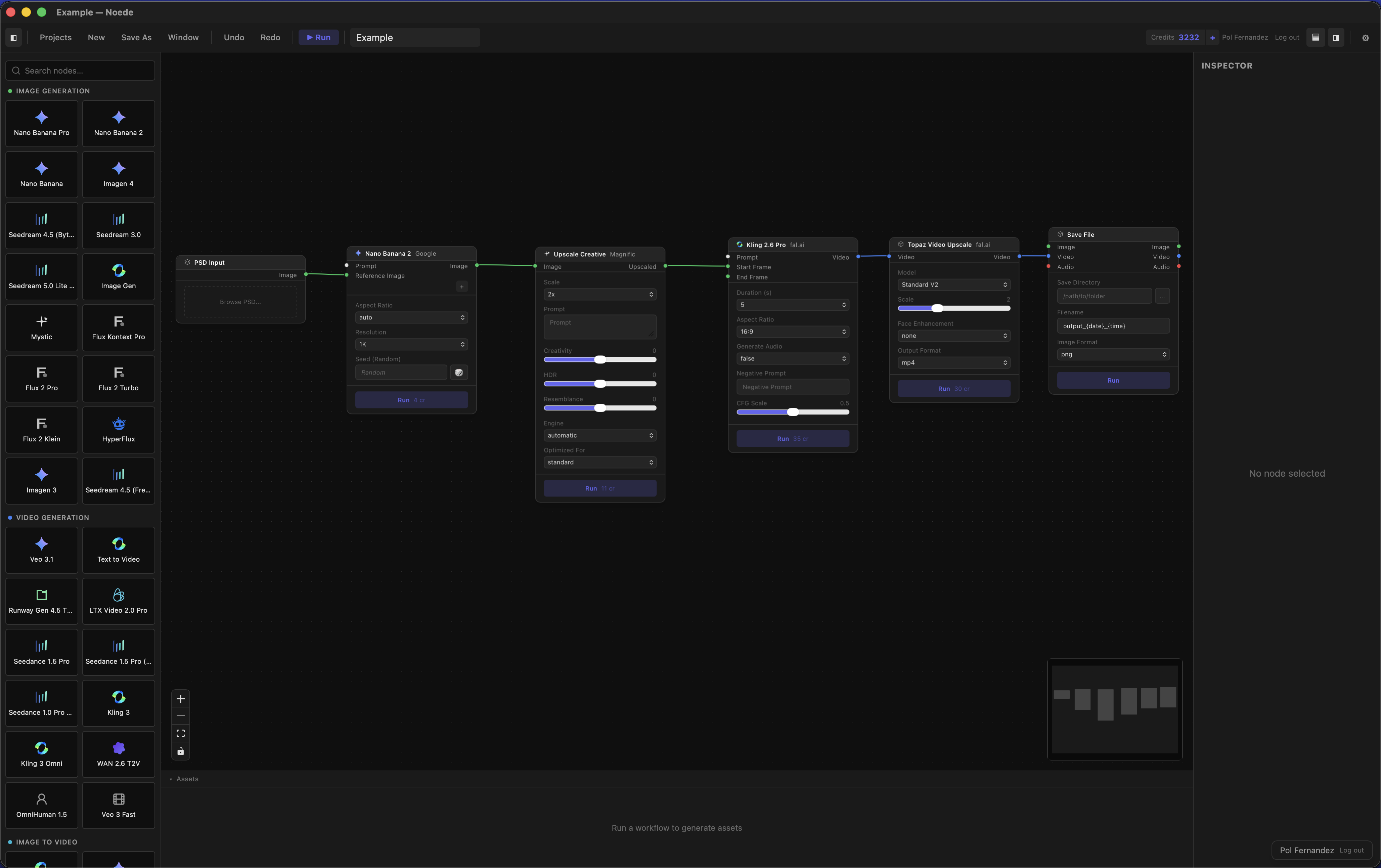 Noede — Visual AI pipeline editor showing a workflow with image generation, upscaling, video creation, and file saving nodes connected on an infinite canvas.
